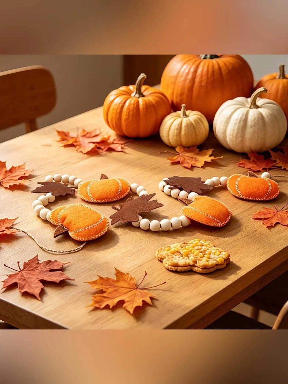 NWT 6.8 FT Fall Pumpkin Garland with Maple Leaves and Wood Beads
